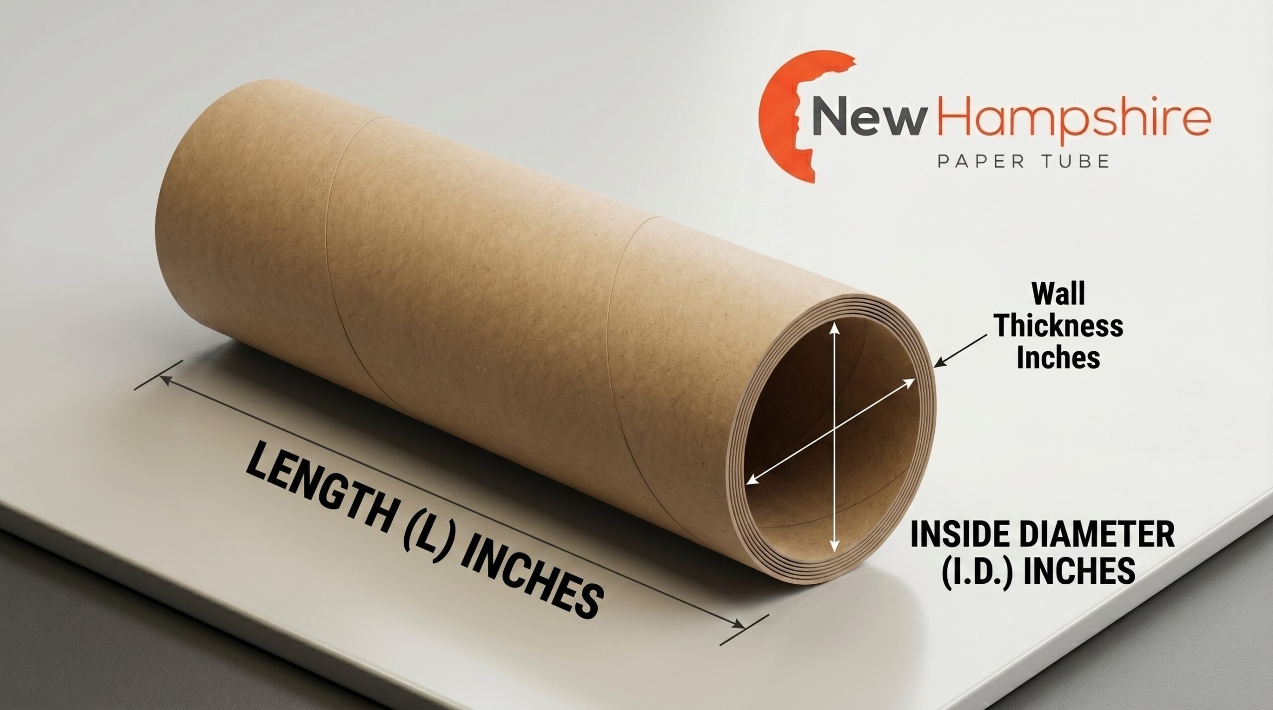 Paper tube measurement guide showing length, inside diameter, and wall thickness