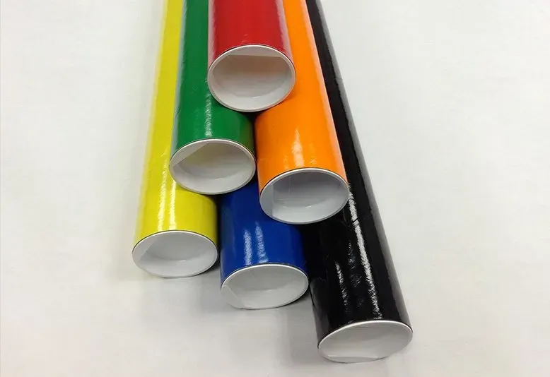 Colored mailing tubes in red, blue, green, yellow, orange and black