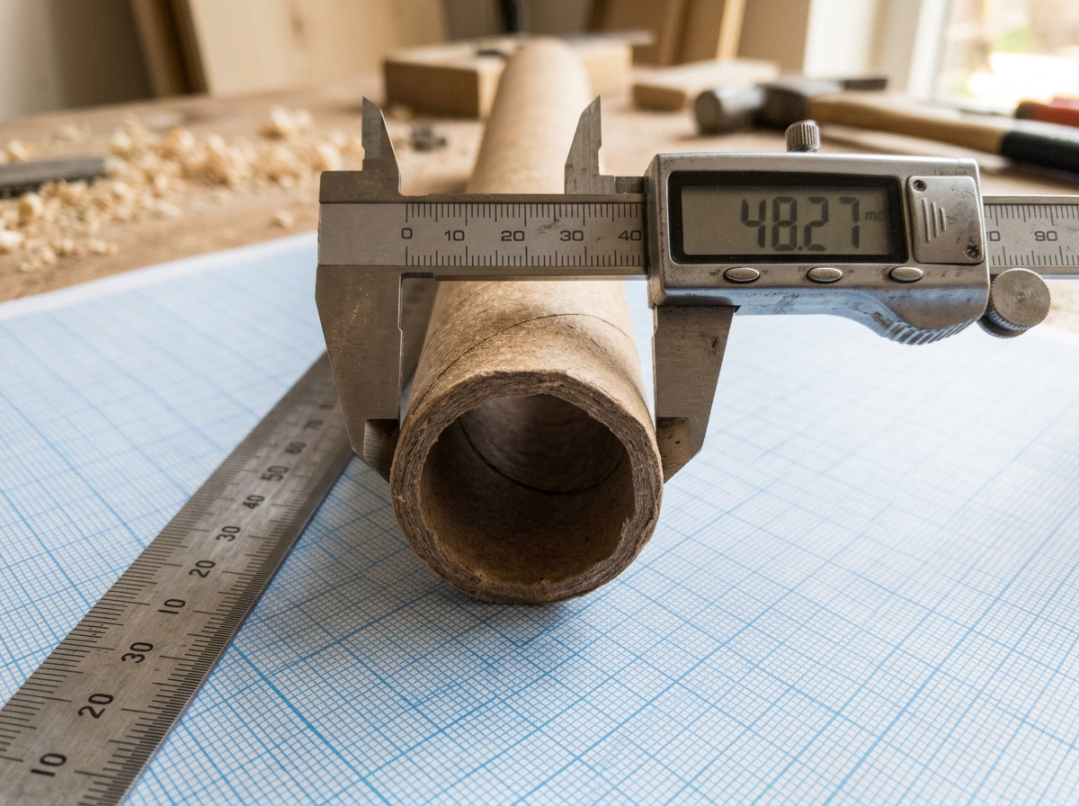 Calipers and steel ruler measuring a paper core end face on grid paper