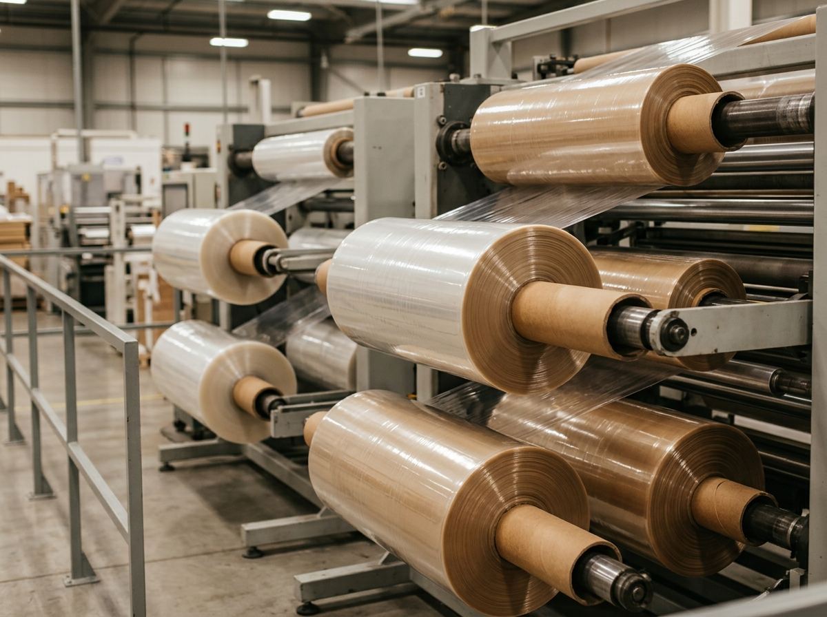 Clear film roll wound tight on a kraft paper core