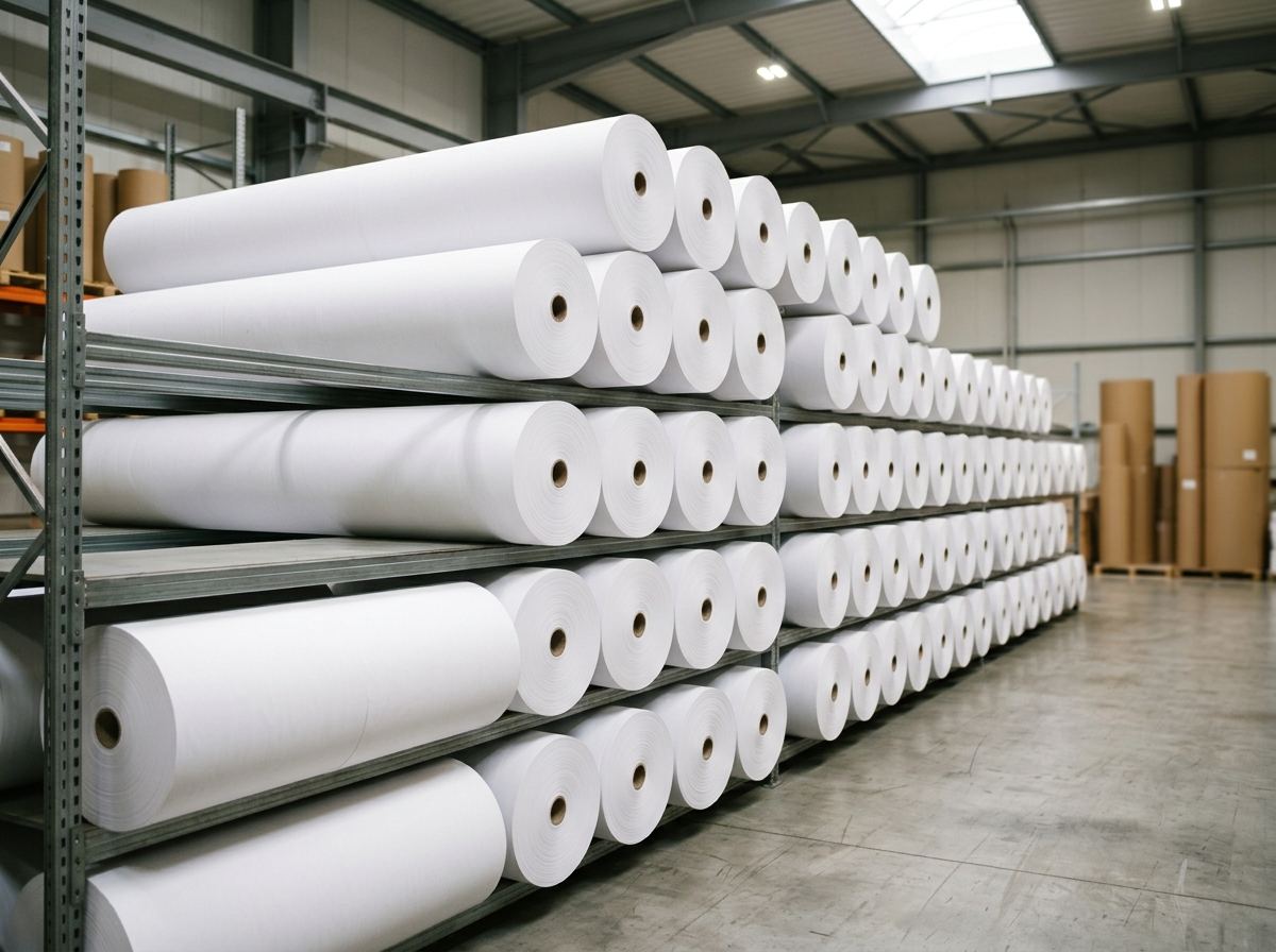 Smooth white heavy-duty paper rollers stacked in a clean warehouse
