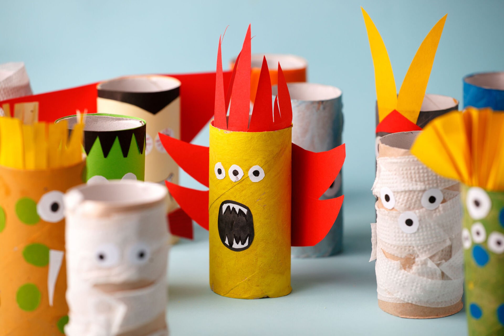 Colorful DIY monster crafts made from paper tubes