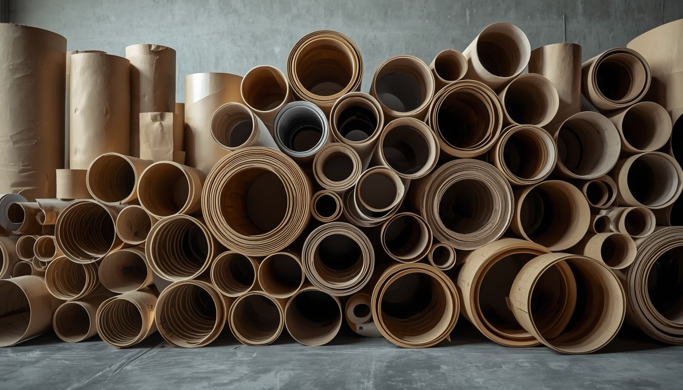 Industrial paper tubes and cores of many sizes stacked in a converting plant