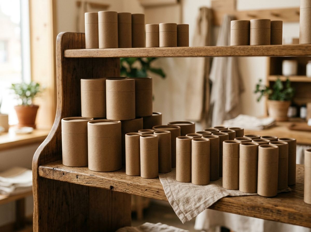 Unbranded kraft paper tube retail packaging arranged on wooden shelves