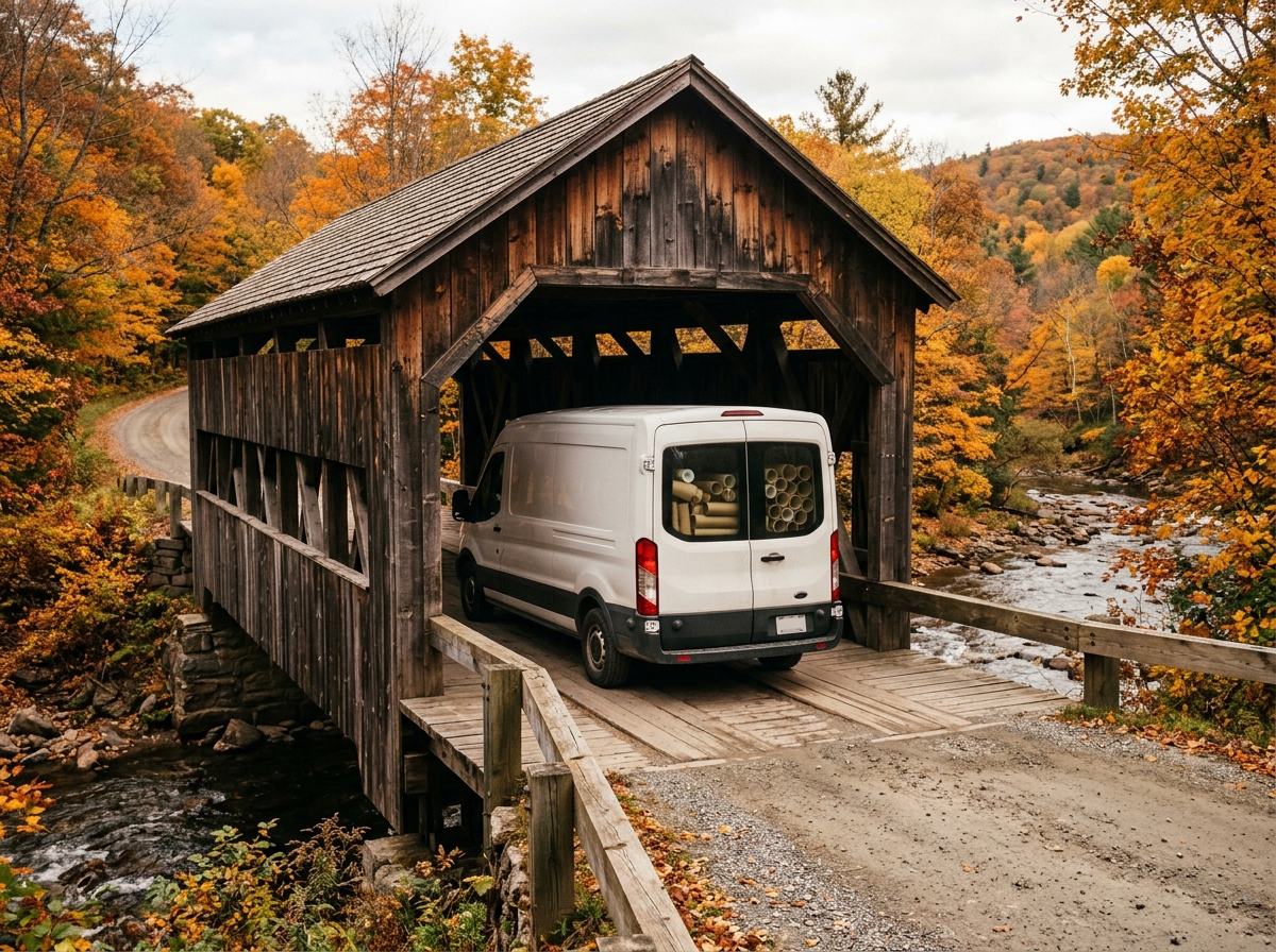 Delivery van loaded with kraft paper tubes crossing a New England covered bridge