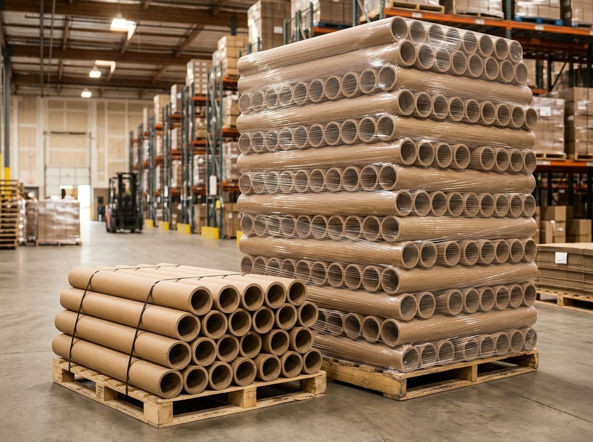 Small stack of paper cores beside a full pallet showing order scale