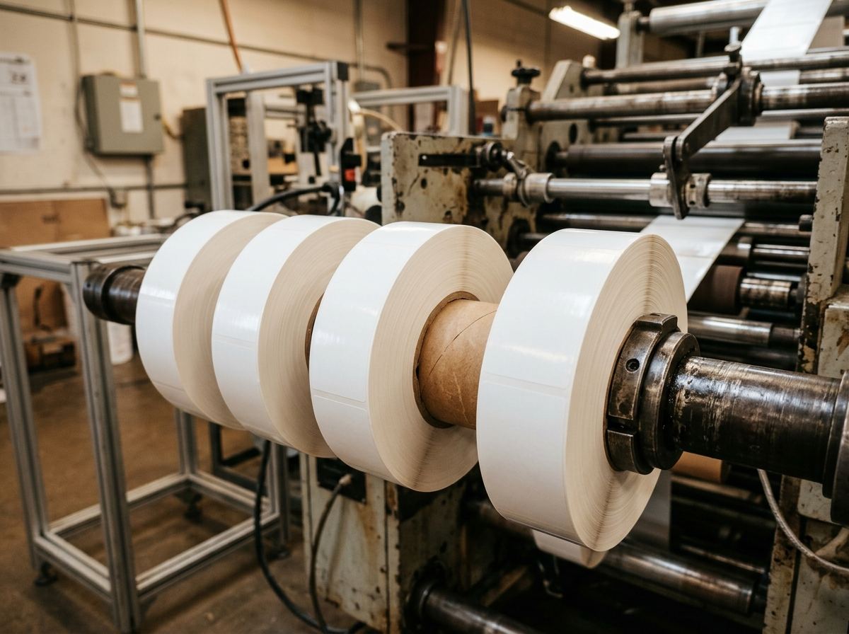 White label stock wound on a kraft paper core on a converting spindle