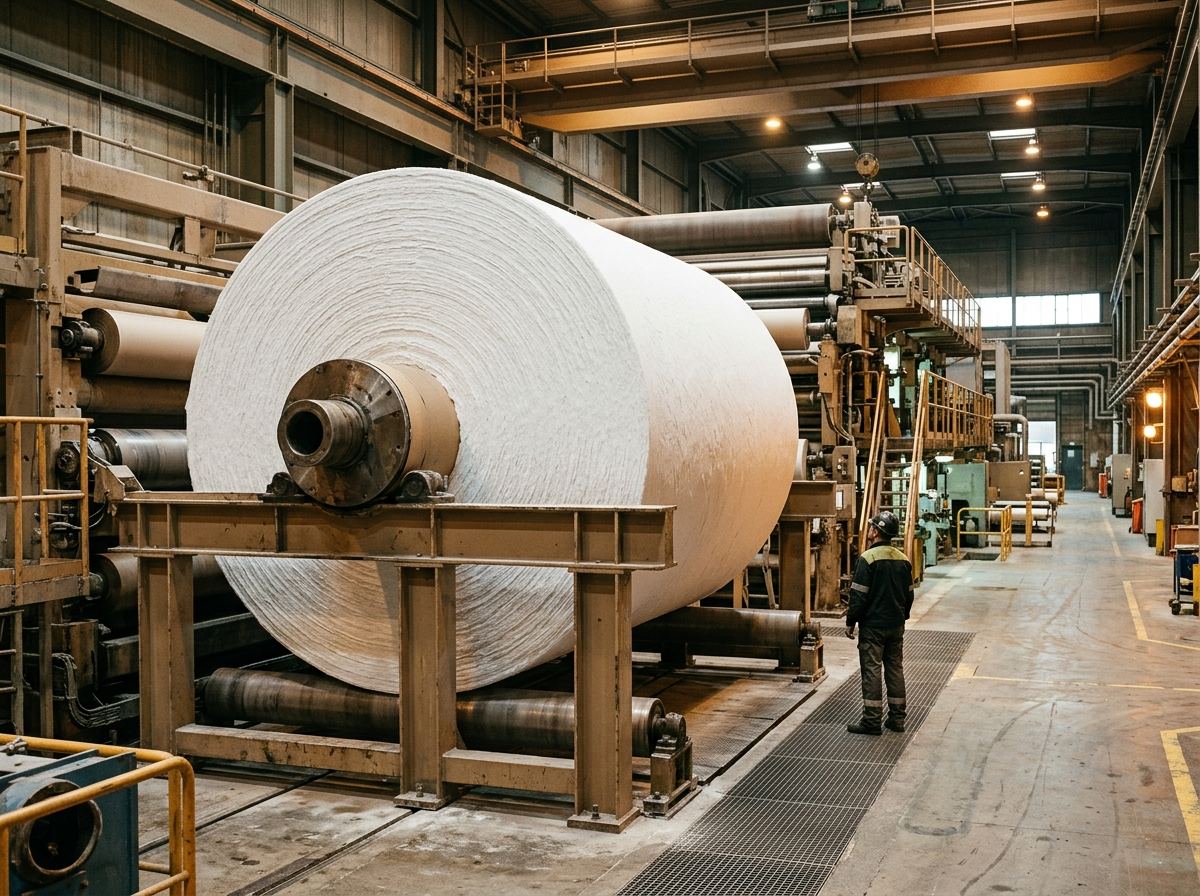 Giant tissue mother roll on a heavy paper core inside a mill