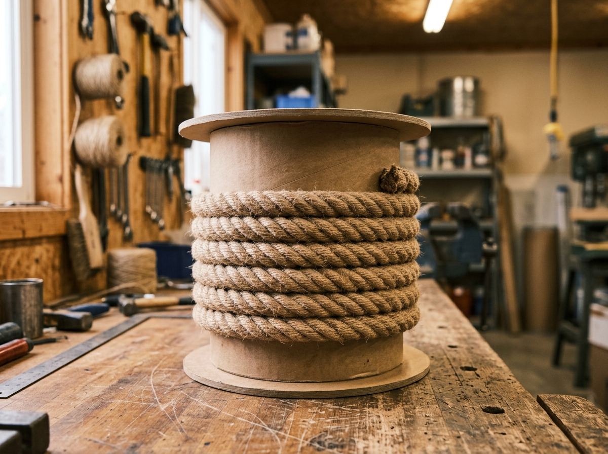 Heavy rope coiled on a sturdy kraft paper core drum