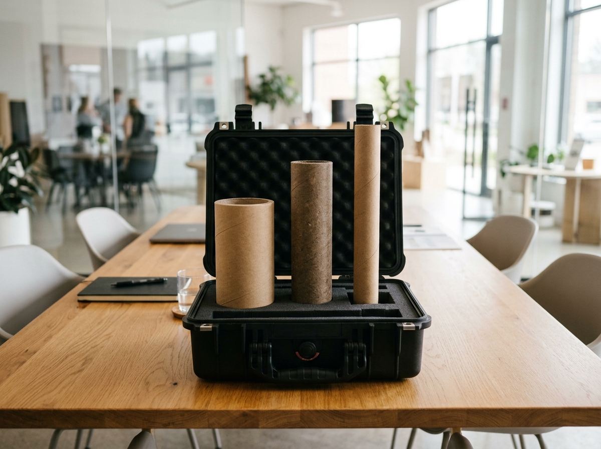 Sample case of assorted paper cores on a supplier meeting table
