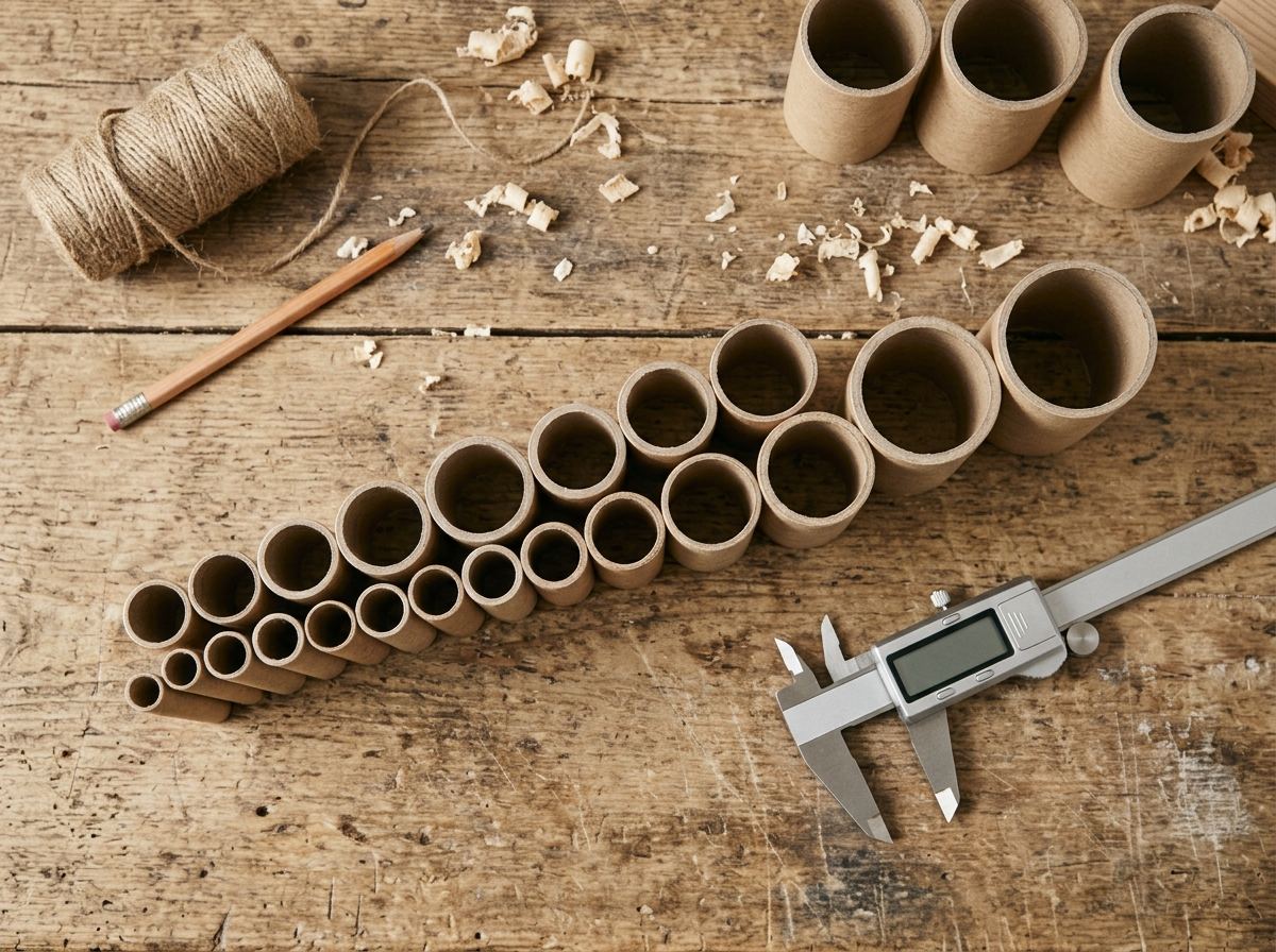 Kraft paper tubes in many diameters lined up beside calipers on a workbench