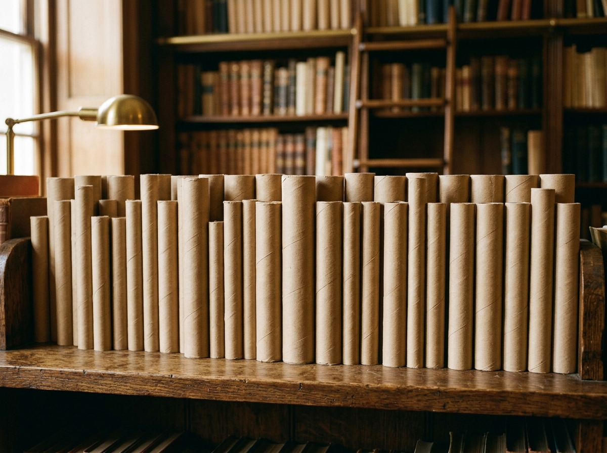 Kraft paper cores lined up on a wooden shelf like library books