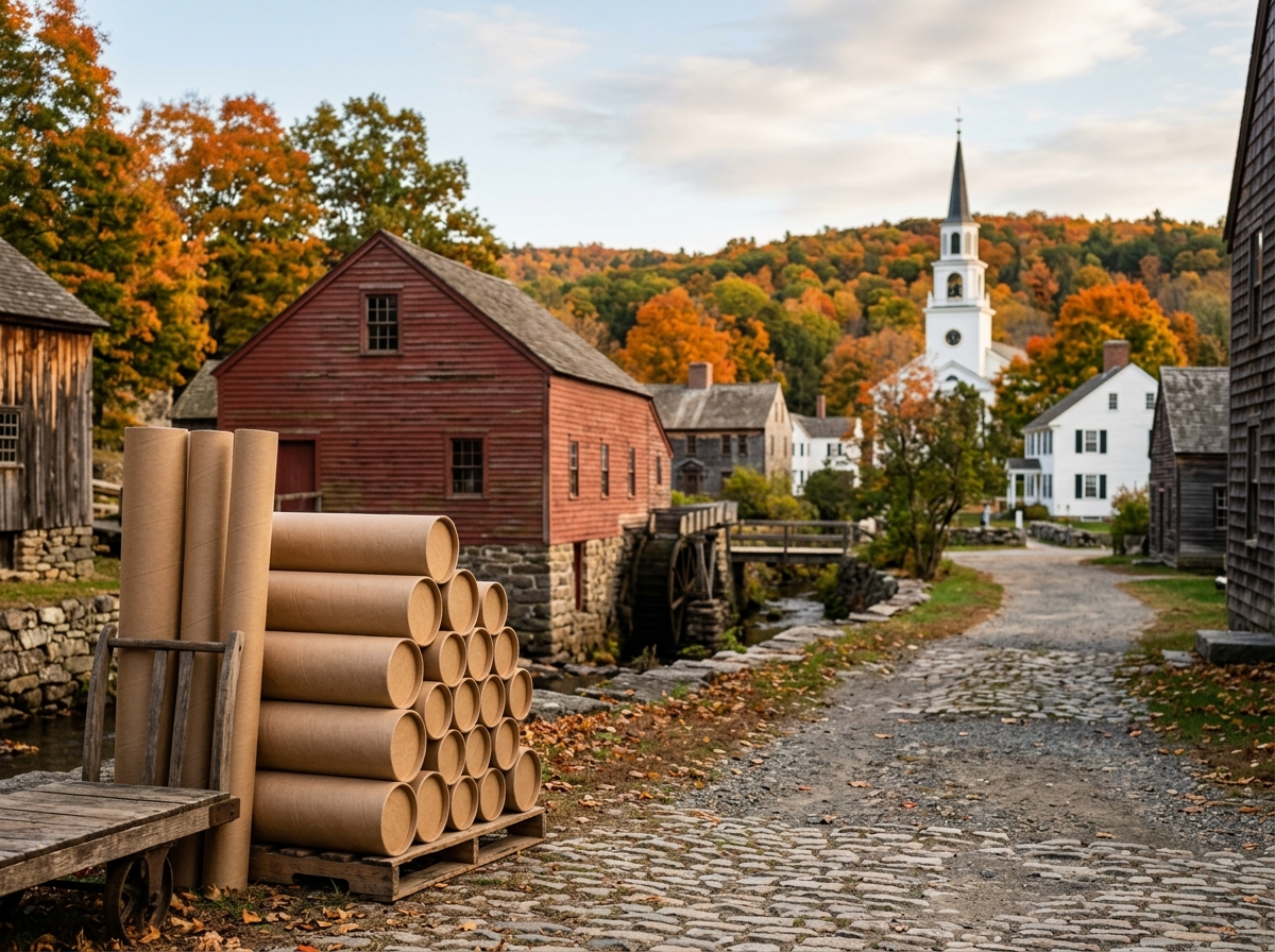 Stacked kraft paper tubes in a colonial Connecticut mill town