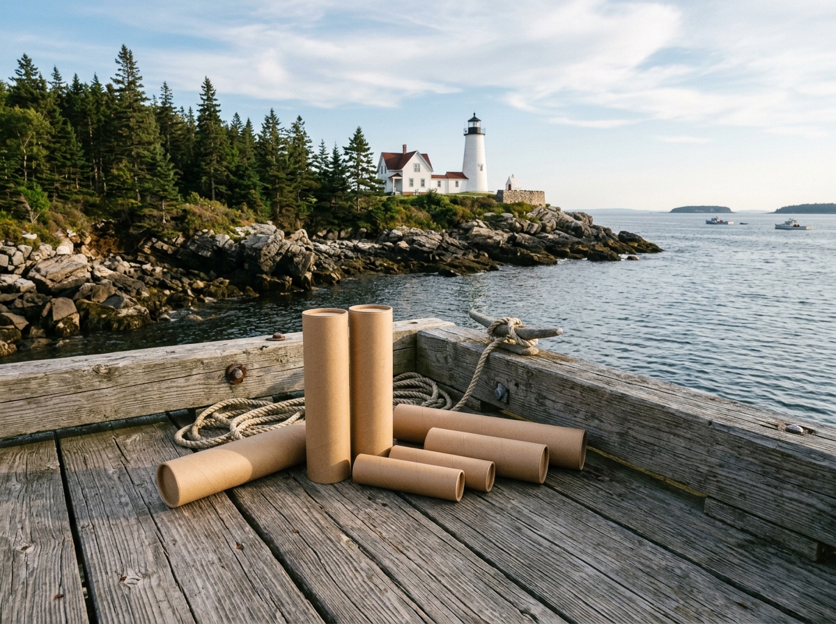 Kraft paper tubes on a wooden dock beside a Maine lighthouse