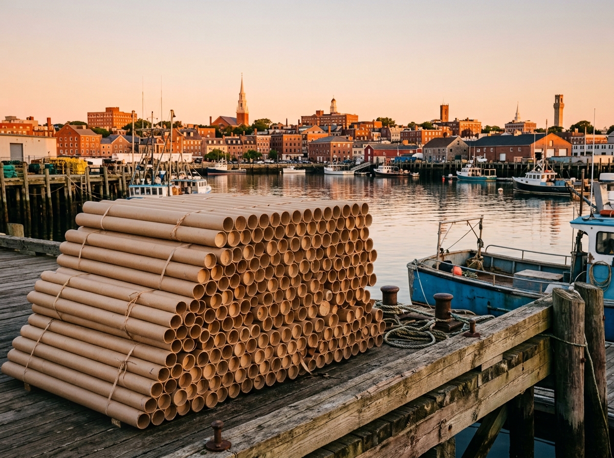 Kraft shipping tubes on a wharf with a Massachusetts harbor skyline