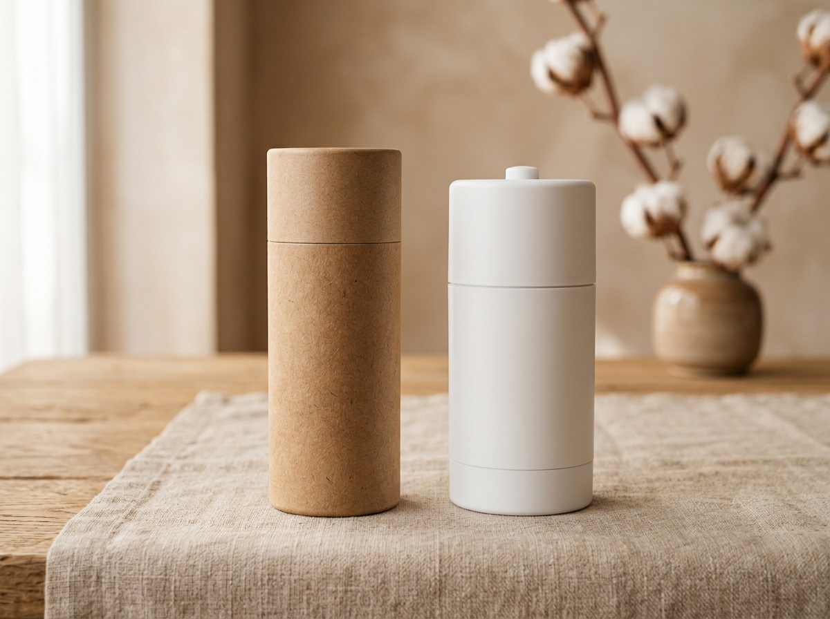 Kraft paper push-up tube beside a plastic deodorant tube for comparison