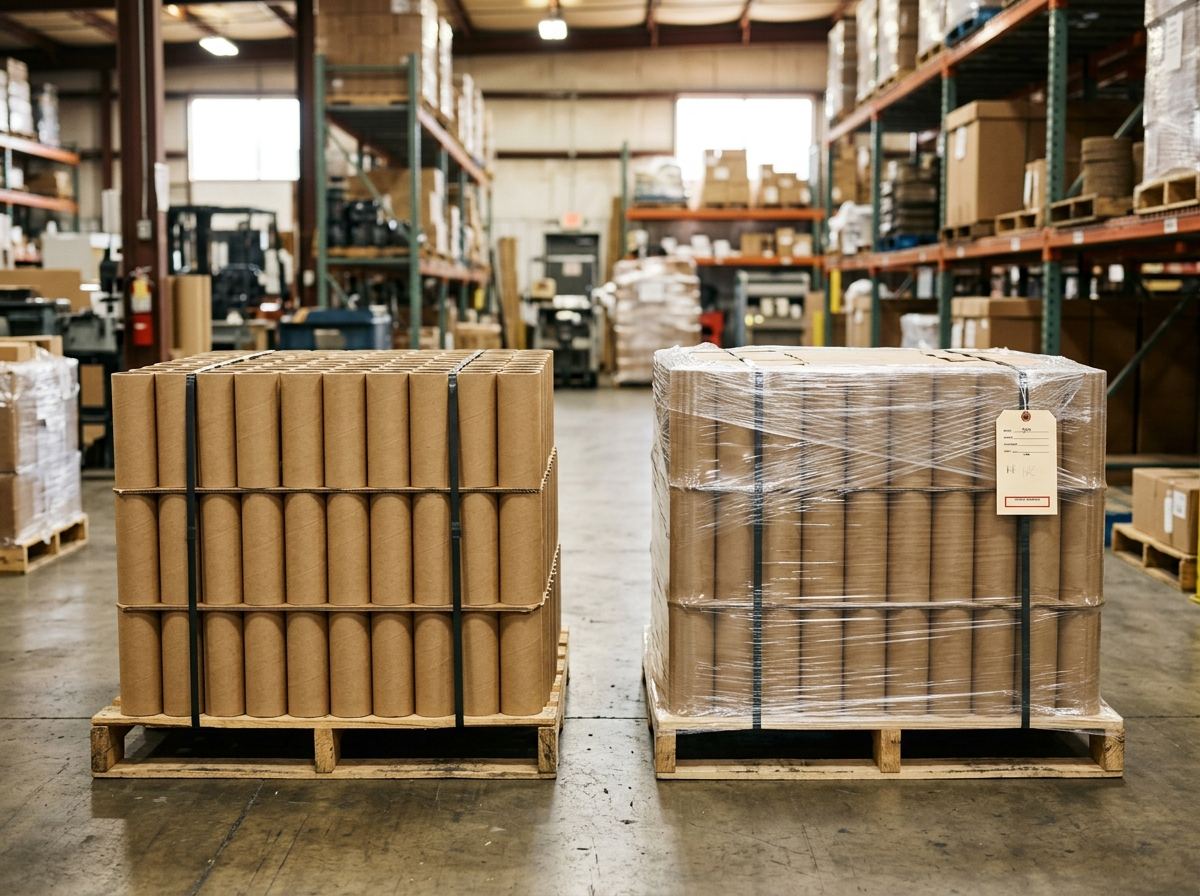 Two matching pallets of paper cores, one wrapped as backup stock