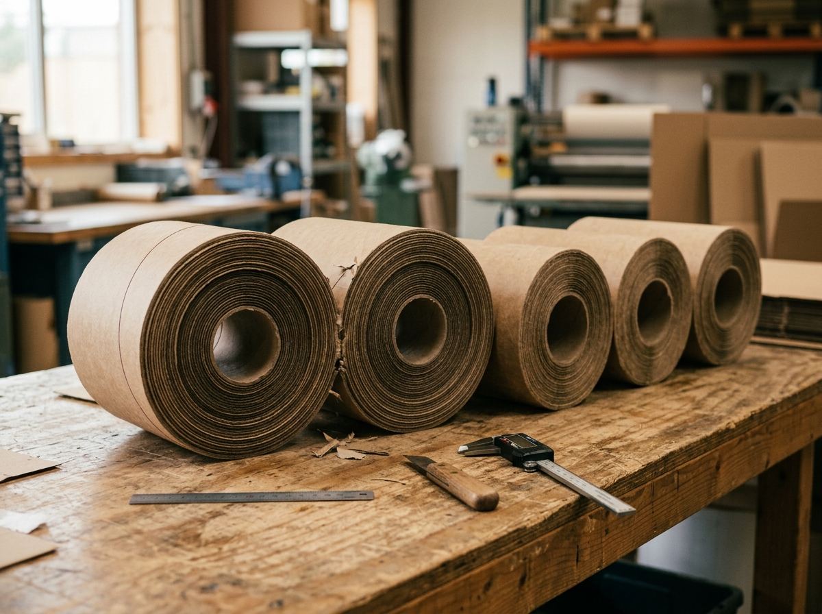 Cutaway kraft core showing dense recycled paperboard plies on a test bench