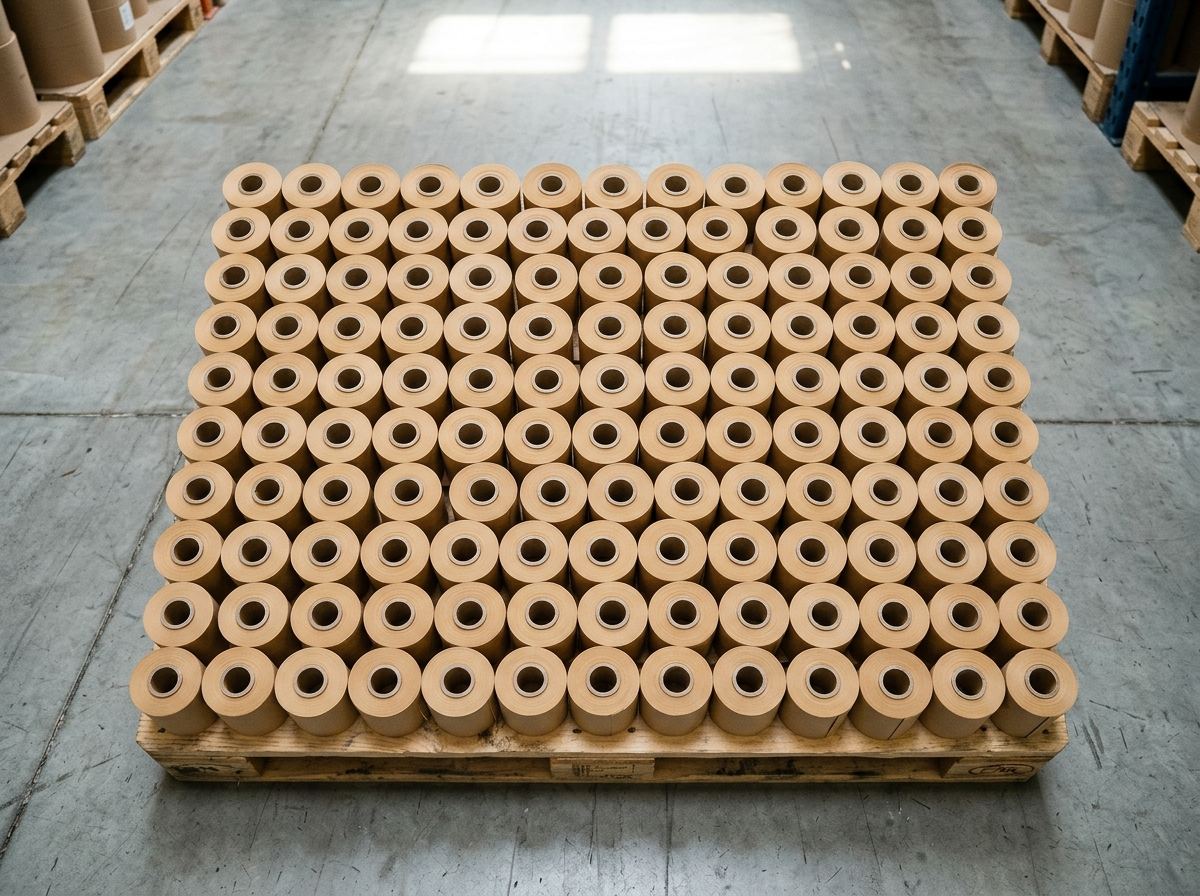Rows of freshly slit rolls on kraft cores viewed from above