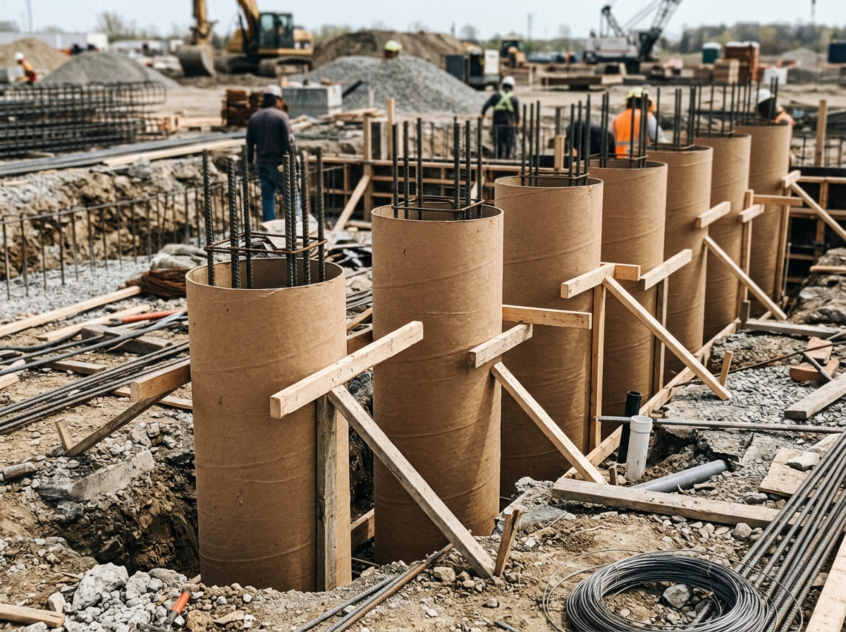 Kraft paper forming tubes braced on a construction site ready for a concrete column pour