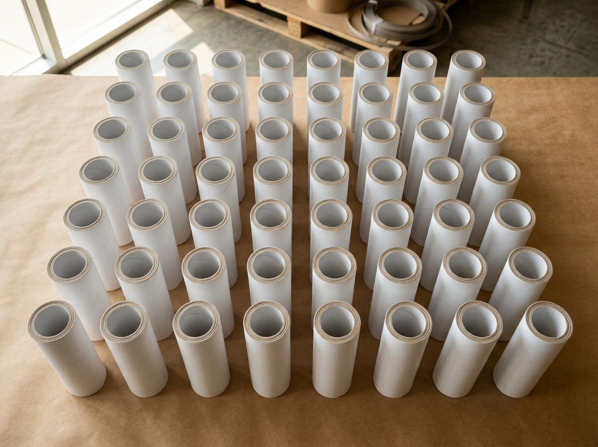 Grid of white 3-inch tape and label cores standing upright