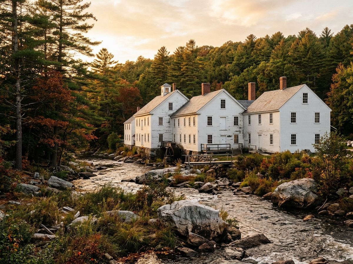 New England mill building among granite and pines at golden hour
