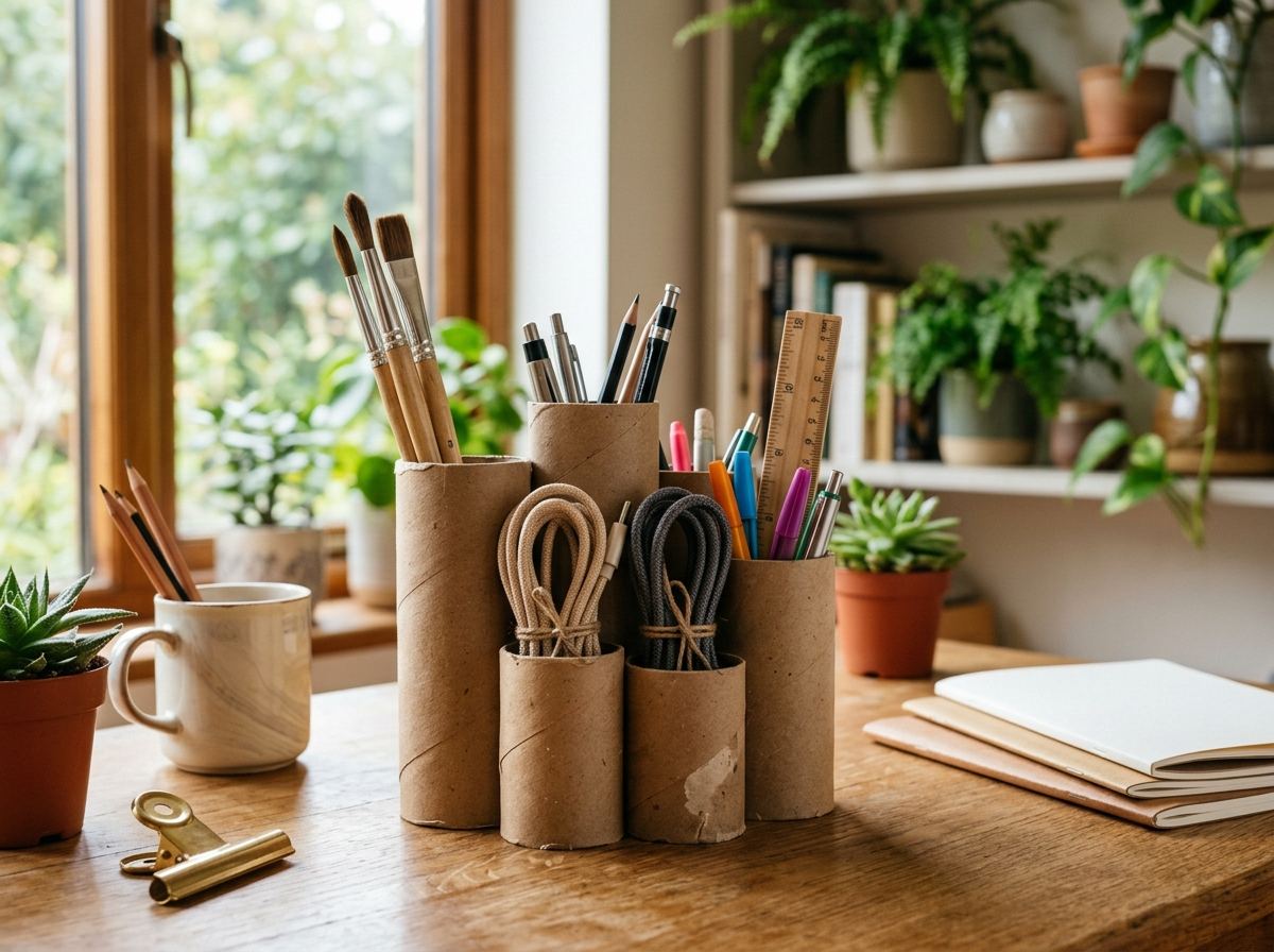 Desk organizer made from upcycled cardboard tubes holding pens and brushes